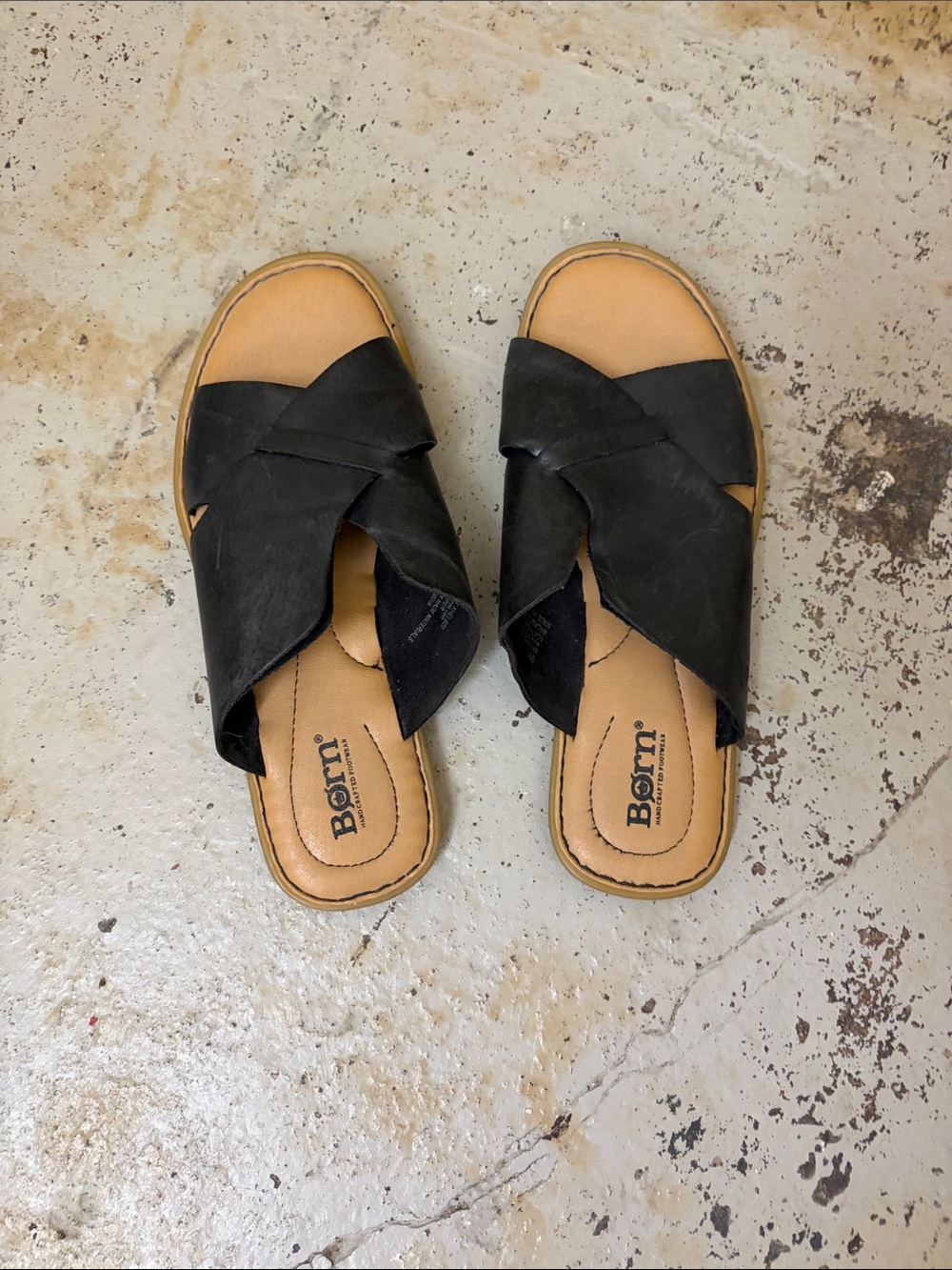 Born Black Crossband Slide Sandals with Tan Insole